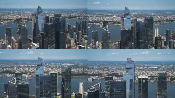 美国纽约市哈德逊广场30号摩天大楼的鸟瞰全景。空中镜头与现代摩天大楼拥挤的观景阳台。游客享受夏日全景