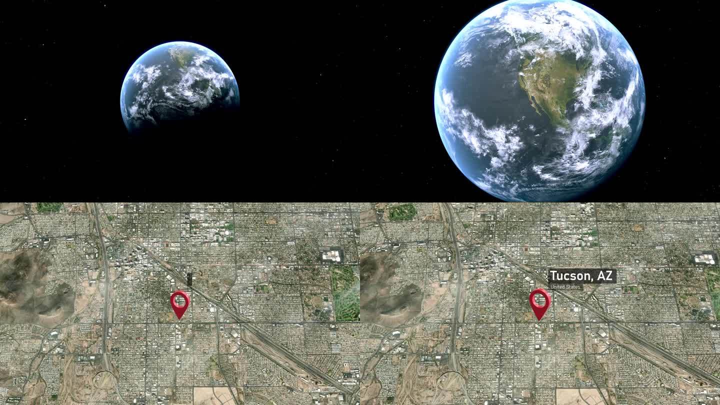 图森市地图从太空缩放到地球，亚利桑那州，美国