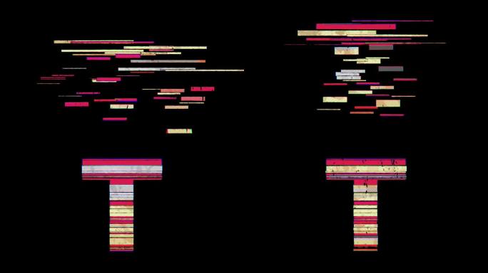 在4k动画透明背景上，T字母通过分散的卡通Glitchy风格出现。