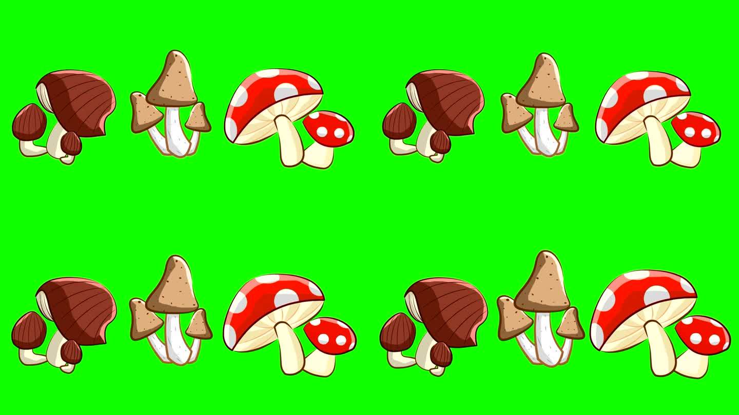 绿色背景上的蘑菇动画，快餐，艺术。