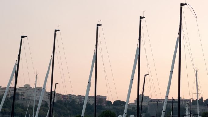 夕阳下的许多桅杆顶端，停泊的帆船，背景是蓝天