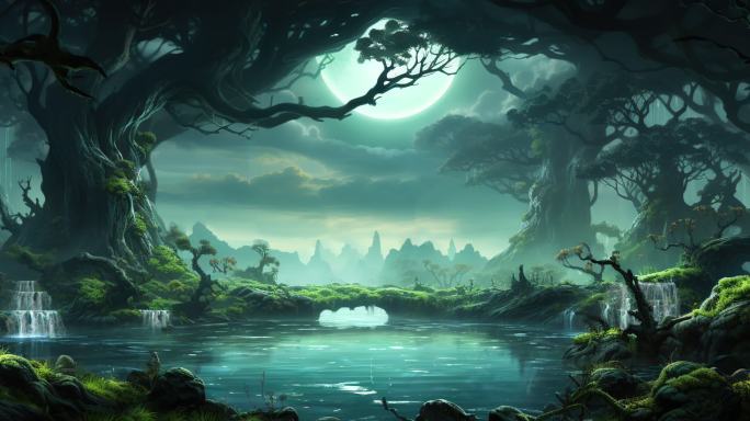 梦幻森林 湖泊 视频素材 丛林 月亮