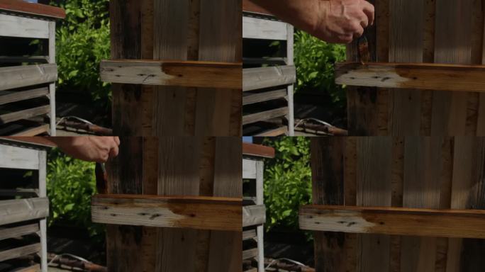 一个男人的手用刷子在木头表面涂上一层保护涂层(油浸渍)