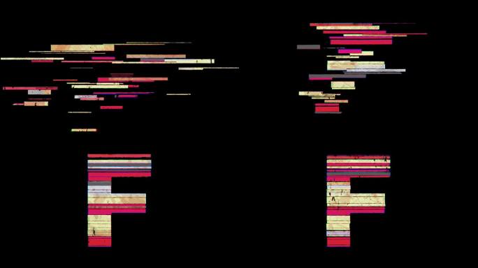 在4k动画透明背景下，F字母通过分散的卡通Glitchy风格出现。
