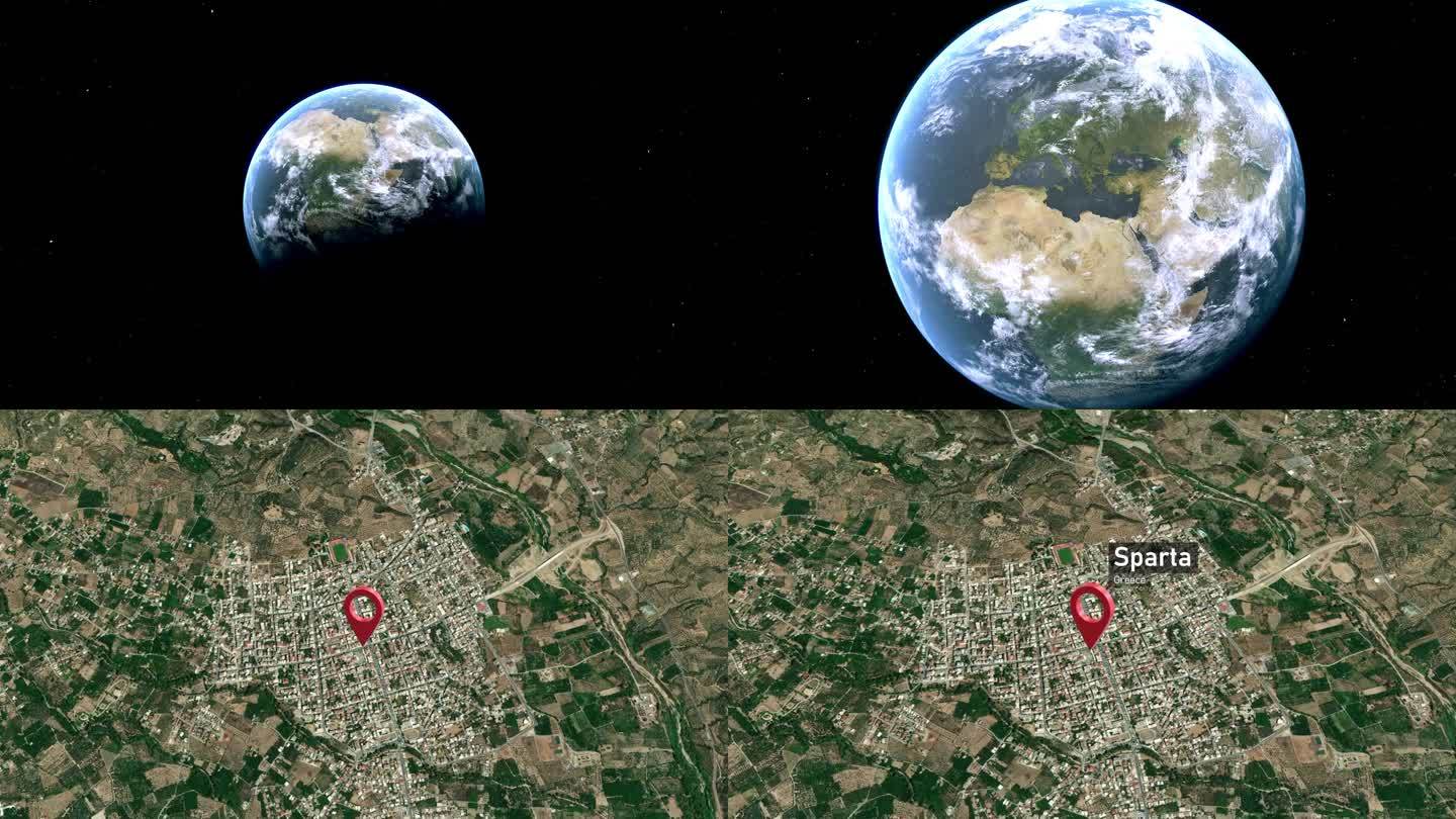 从太空到地球的斯巴达城市地图，希腊