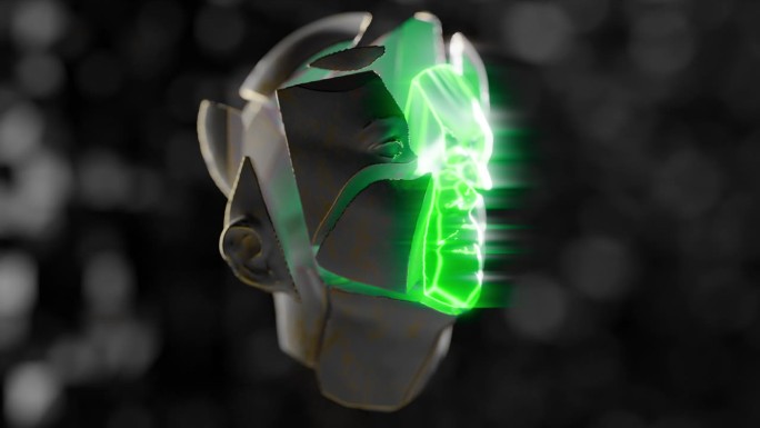 3D动画中绿色霓虹灯下破碎的人脸