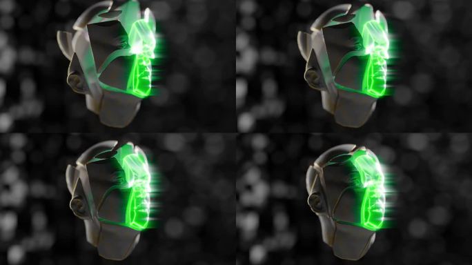 3D动画中绿色霓虹灯下破碎的人脸
