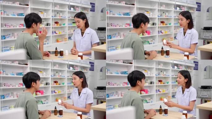 亚洲美女女药师分析顾客症状，探讨药性效果及顾客按处方购药。4 k的决议。