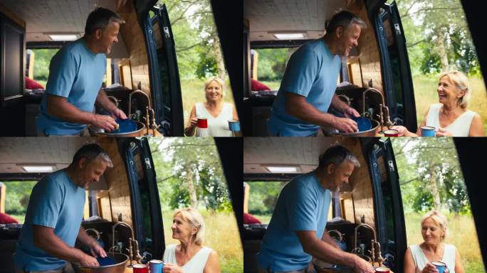 退休老人夫妇在乡间露营，在房车里放松，一起做家务