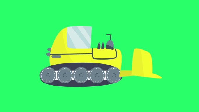 动画黄色拖拉机机械施工绿色背景。