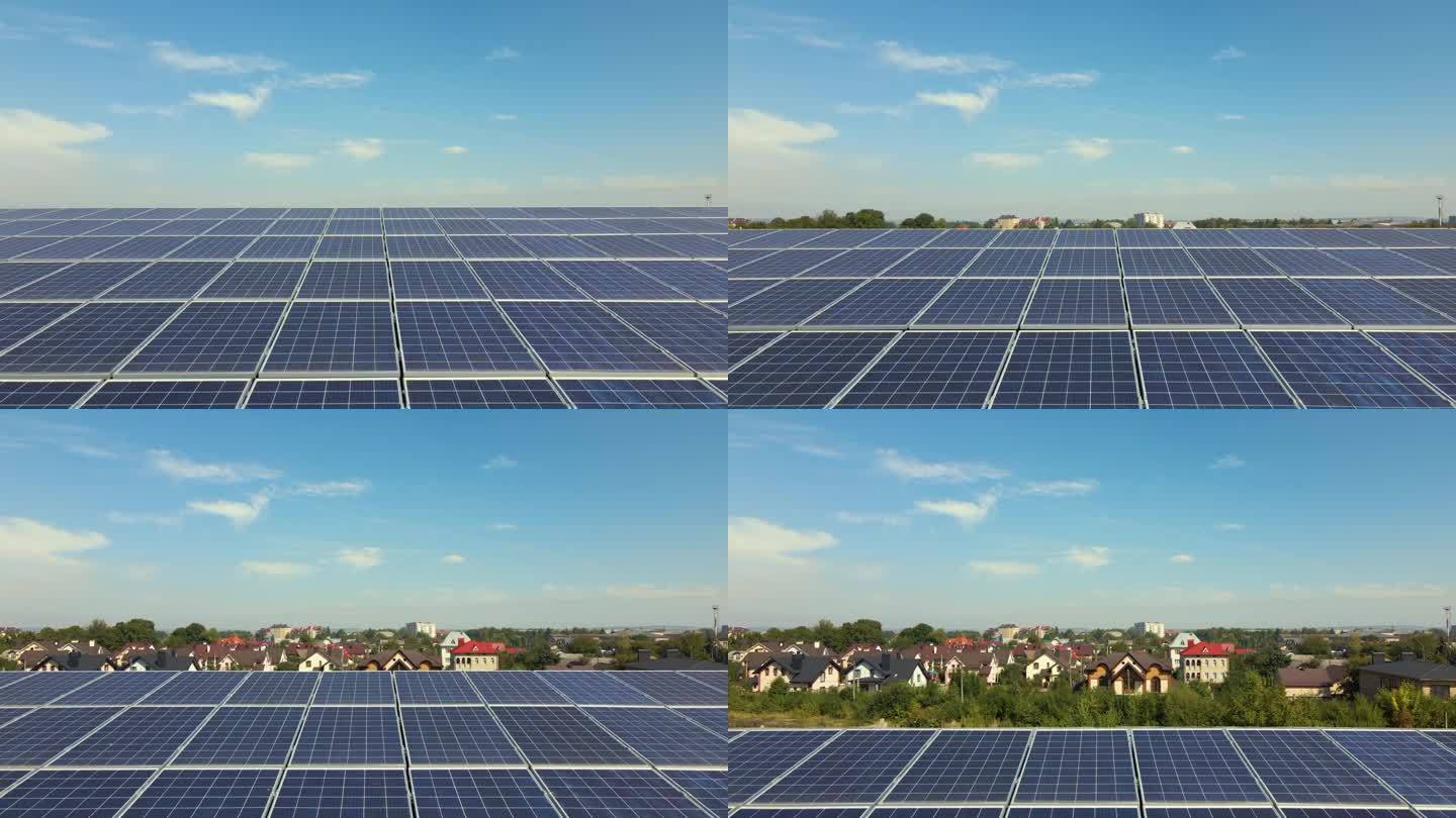 建筑屋顶蓝色光伏太阳能板表面鸟瞰图，用于生产清洁生态电力。生产可再生能源的理念