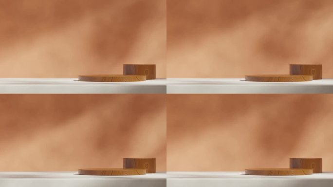 空白空间棕色圆木裙台与无缝阴影动画循环橙色墙壁和白色地板，渲染3d画面
