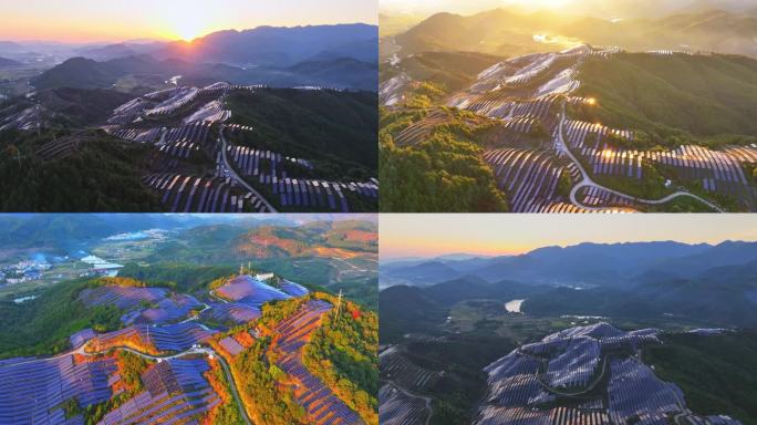 光伏基地 日出霞光 山顶太阳能板