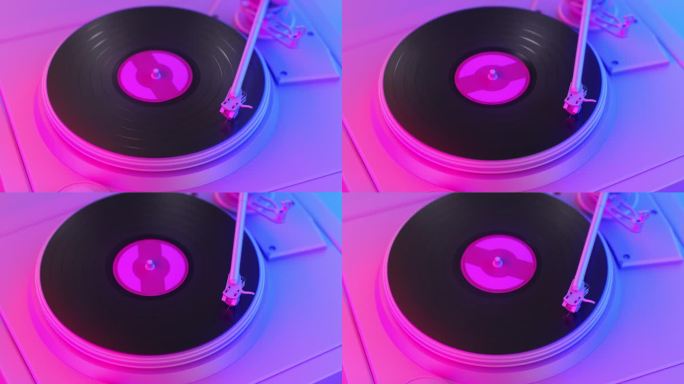 DJ在迪斯科转盘板霓虹灯无缝深紫蓝色的颜色。黑胶唱片播放器旋转磁盘美丽的毛圈3 d动画。音乐背景概念