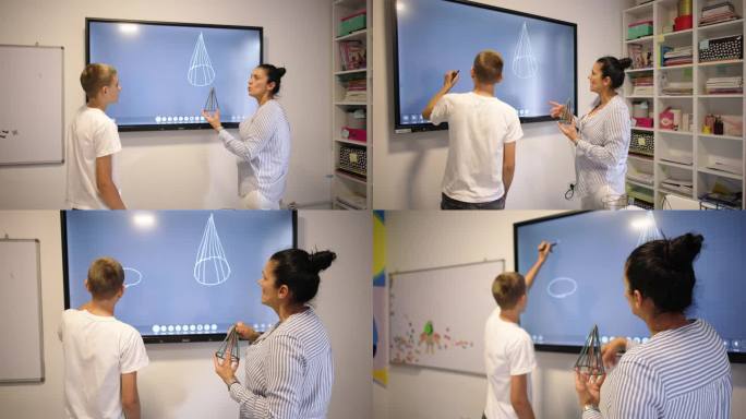 一名男生在互动白板上画几何图形，与一名女几何导师一对一授课