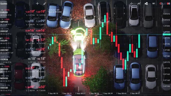 覆盖屏上股票市场的烛台图电动车停车场变化与波动价格全球经济与通货膨胀