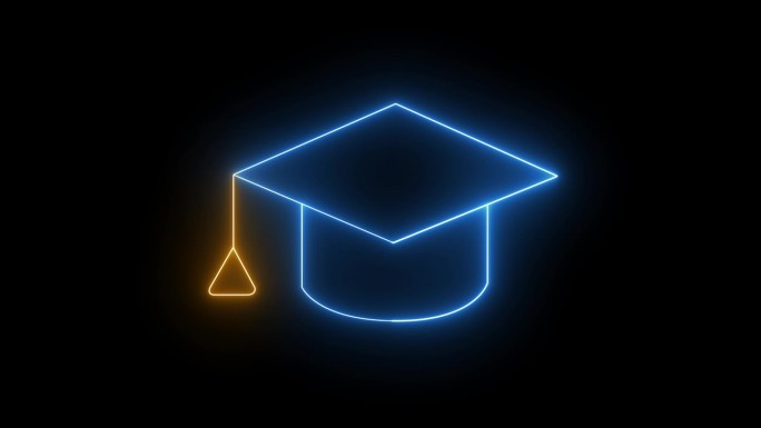 发光的霓虹灯线毕业帽与镶嵌图标隔离在透明的背景。教育祝贺，毕业典礼，知识学习理念。4K视频动态图形动