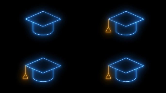 发光的霓虹灯线毕业帽与镶嵌图标隔离在透明的背景。教育祝贺，毕业典礼，知识学习理念。4K视频动态图形动