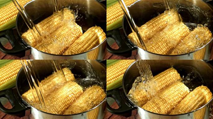 把水和玉米一起倒进锅里。用高速摄像机拍摄，每秒1000帧。