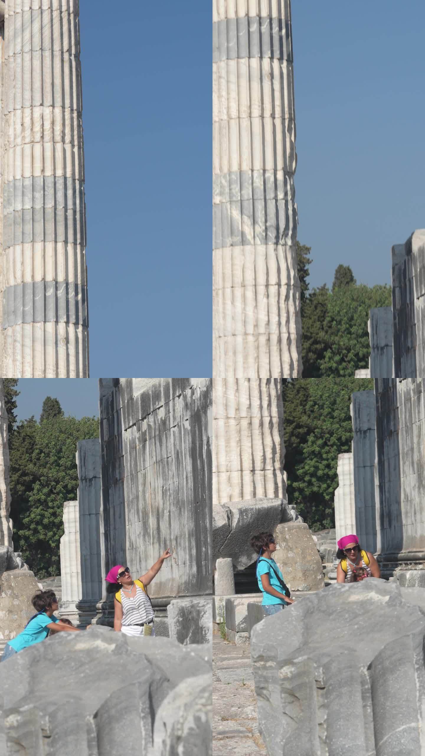 古希腊城市废墟中母亲、儿子和女儿的4K视频