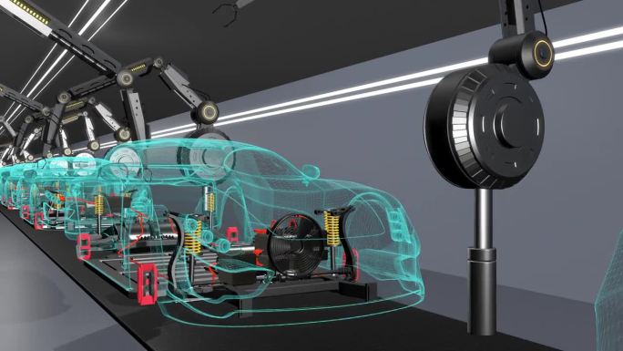 组装电动汽车的机械手臂。可持续能源。