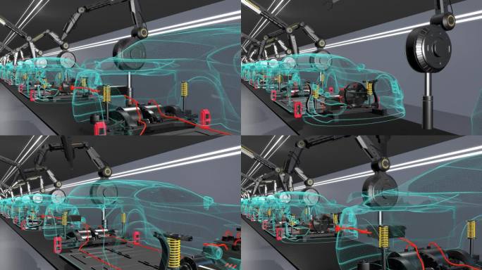 组装电动汽车的机械手臂。可持续能源。