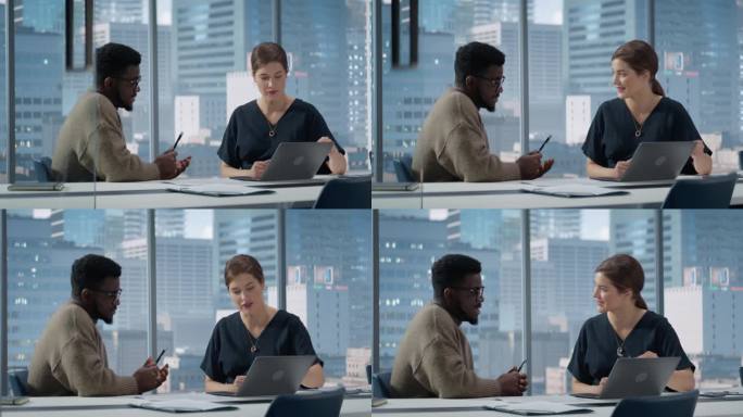 摩天大楼办公室的商务人士:两位经理使用笔记本电脑的商务会议。女性CEO和非裔美国运营总监讨论目标或财