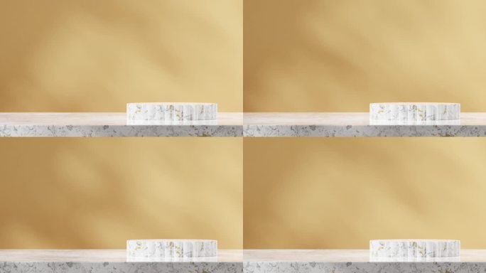 白色大理石柱形讲台循环无缝阴影动画与暗黄色墙壁，3d镜头渲染场景模型