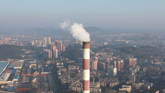 城市工业生产工厂烟冲湖南株洲电厂航拍