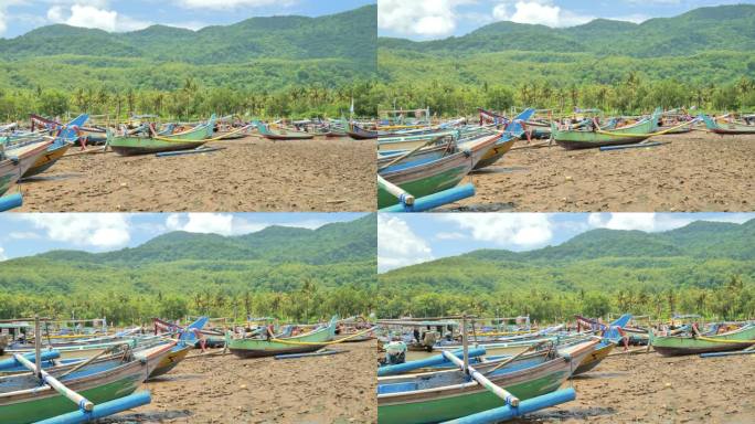 中午，在印度尼西亚爪哇海岸，木质渔船密集地停泊在干燥肮脏的港口。描绘了传统渔民捕鱼和失业的困难