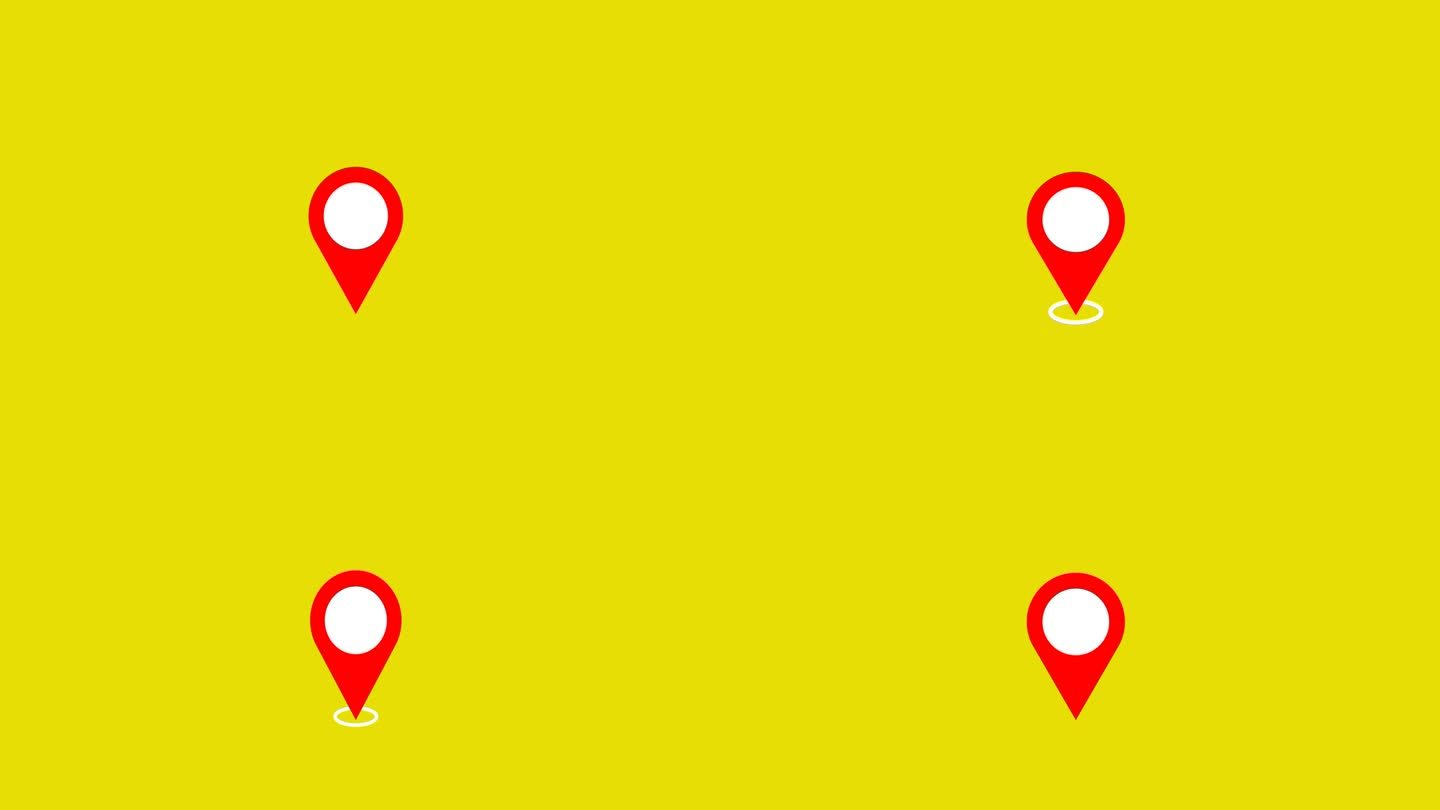 GPS位置指针动画绿屏。GPS地图导航器标记地理位置和方向路径路线地点位置标记旅行距离，地址位置指针