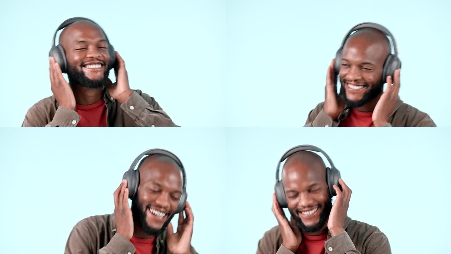 戴着耳机，在蓝色背景的录音室里跳舞或快乐的黑人听着自由的音乐。微笑，兴奋或非洲人流媒体广播歌曲，声音