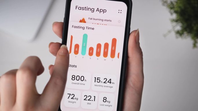 使用特殊的智能手机应用程序跟踪间歇性禁食时间。在移动应用程序的帮助下进行有时间限制的饮食。