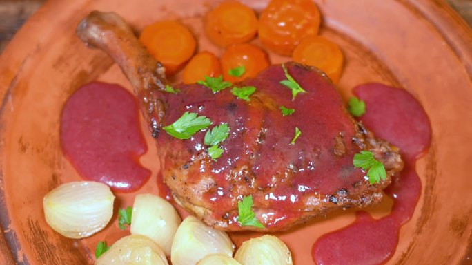 鸭腿配蔬菜和蔓越莓酱。