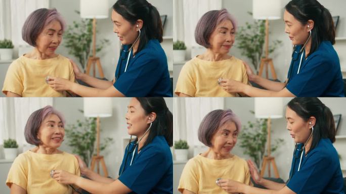 女医生在家访时检查老祖母，专业医生在检查预约时使用听诊器检查和听心跳
