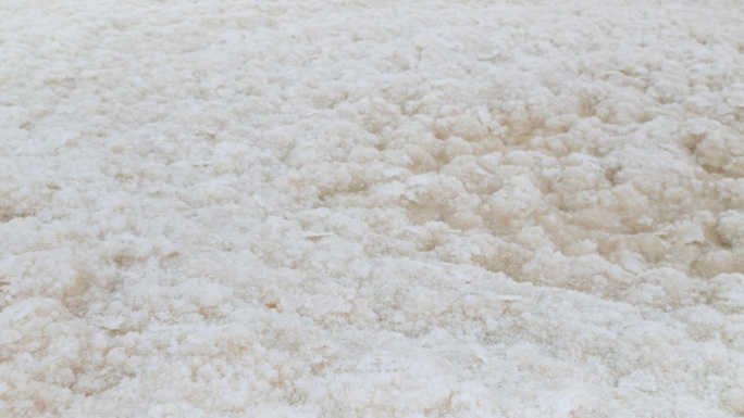 镜头移动在白色结晶盐的特写细节，在死海的艾因博凯克海滩-世界上最高盐的湖