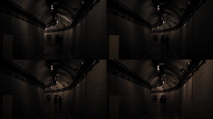 一条长长的蜿蜒的隧道，里面有旧灯和旧电线。一条灯火通明的黑暗走廊。