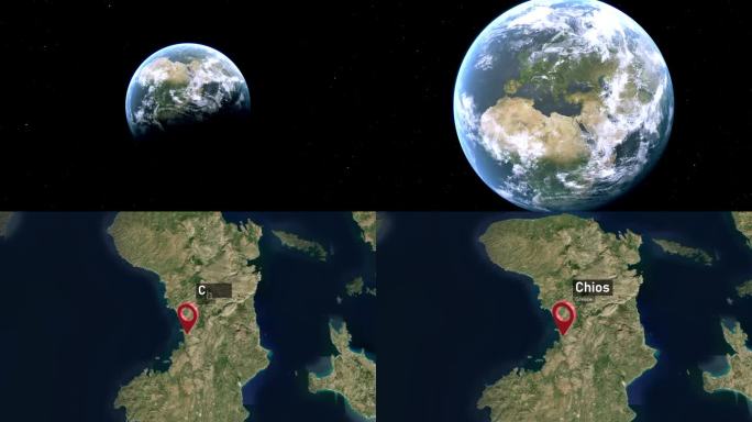 希俄斯岛地图从太空到地球的缩放，希腊