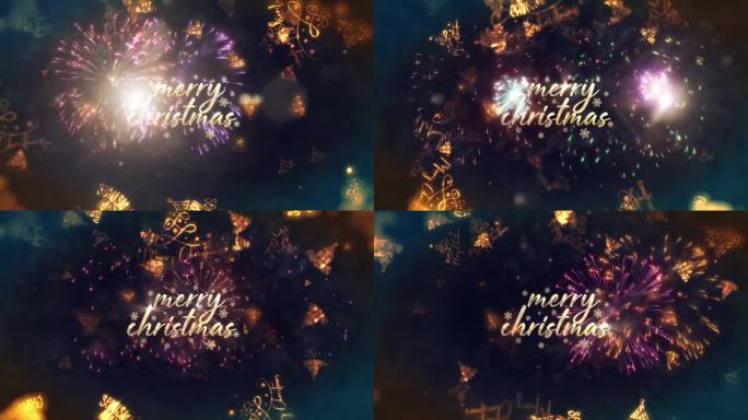 圣诞快乐动画闪烁金色文字与飞行的圣诞树和烟花在黑暗的背景。可爱的动画圣诞快乐冬天节日电影标题抽象背景