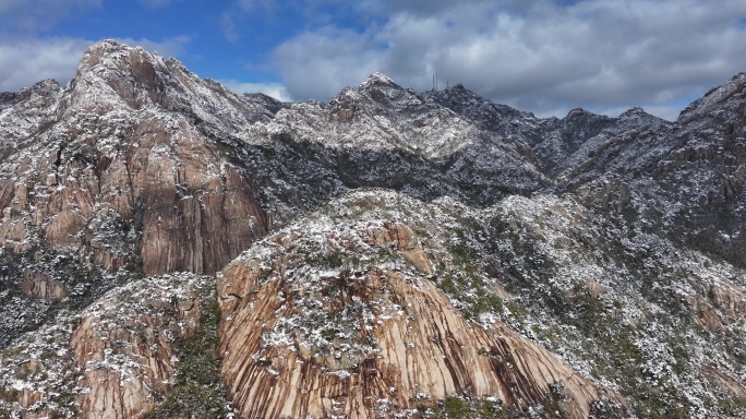 航拍威海市文登区界石镇昆嵛山雪后风光