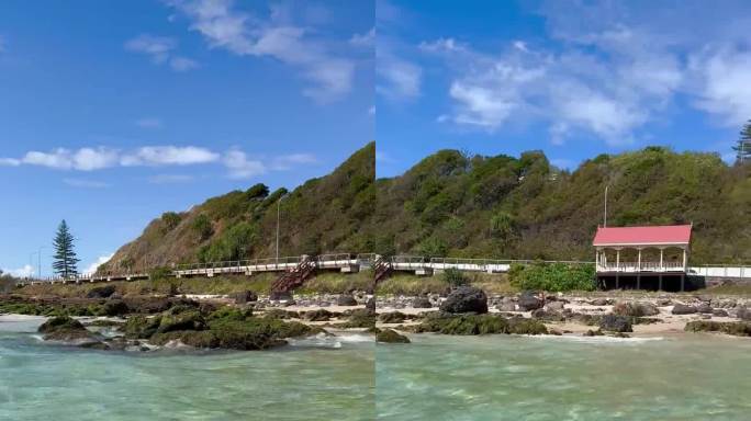 基拉海滩的海水录像。清澈的海水。在海滩小屋和白色沙滩上拍摄。Kirra海滩，黄金海岸，昆士兰，澳大利