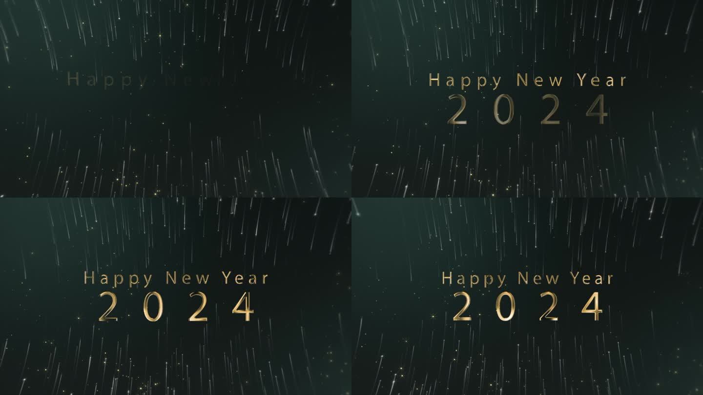 数字2024在星光闪烁的黑色背景上写着金色的文字。动画文字说2024年新年快乐。3 d演示。