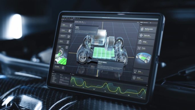 平板电脑屏幕显示汽车开发软件的3D渲染