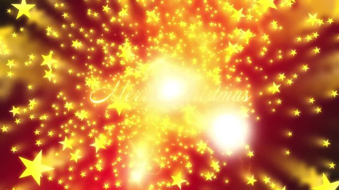 圣诞快乐问候文字与金色的粒子，而发光的金色星星从红色和黑色渐变的背景慢慢下降。模糊的动态图像。