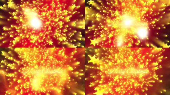 圣诞快乐问候文字与金色的粒子，而发光的金色星星从红色和黑色渐变的背景慢慢下降。模糊的动态图像。