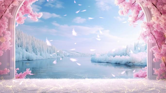 4k冬天雪景拱门粉色花朵羽毛背景