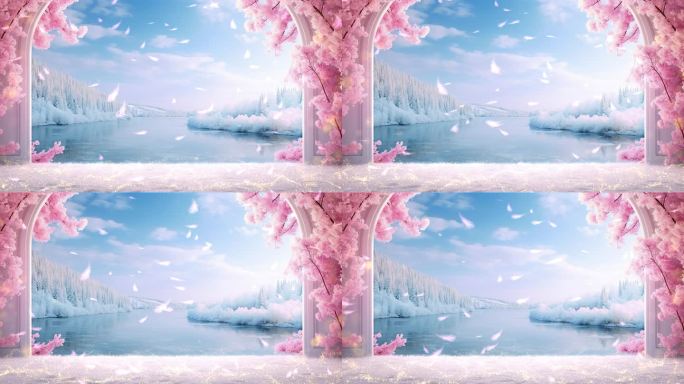 4k冬天雪景拱门粉色花朵羽毛背景