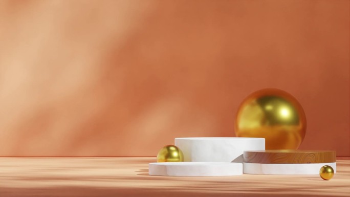白色和木材纹理讲台循环无缝阴影动画与金色球体和橙色墙，3d素材渲染模板模型