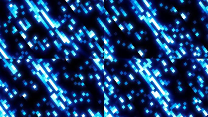 抽象的蓝色复古像素潮数字背景由移动的能量砖方块在黑色背景