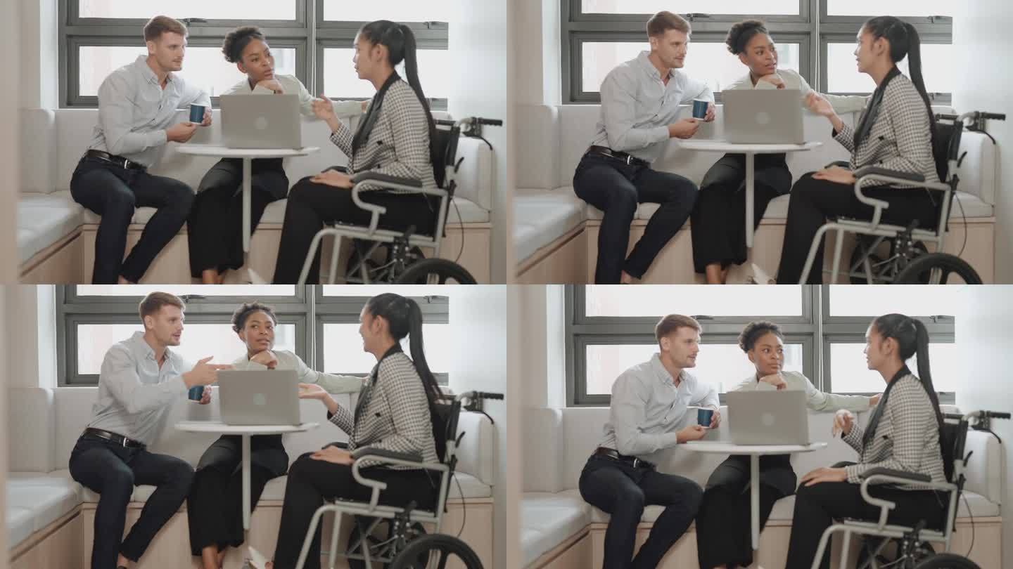 坐在轮椅上在办公室工作的女商人。